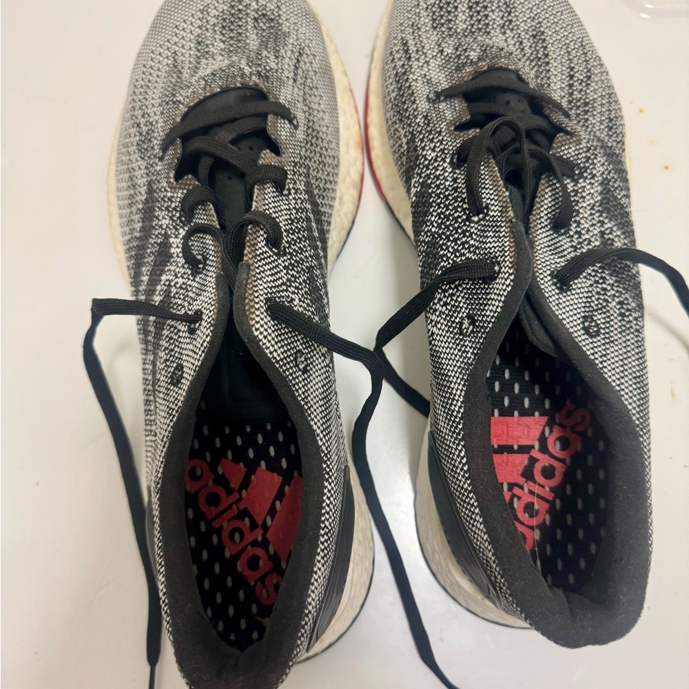 adidas Black & White Knit Running Shoes with Red Insole Logo